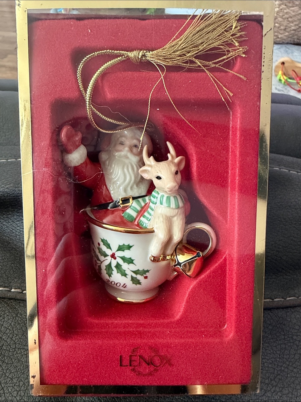 Lenox Red, White & Green Santa and Reindeer Teacup Ornament